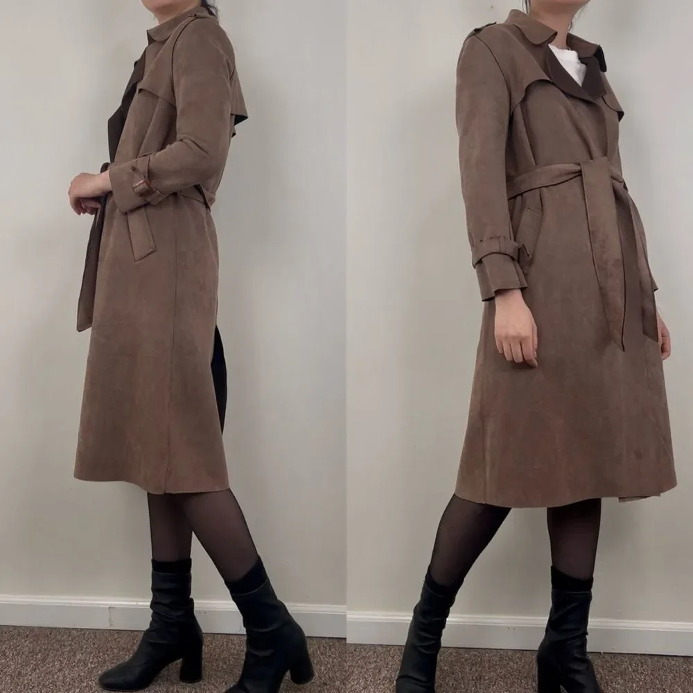 Faux Suede Elegant Belted Trench Coat - Picture 3 of 8